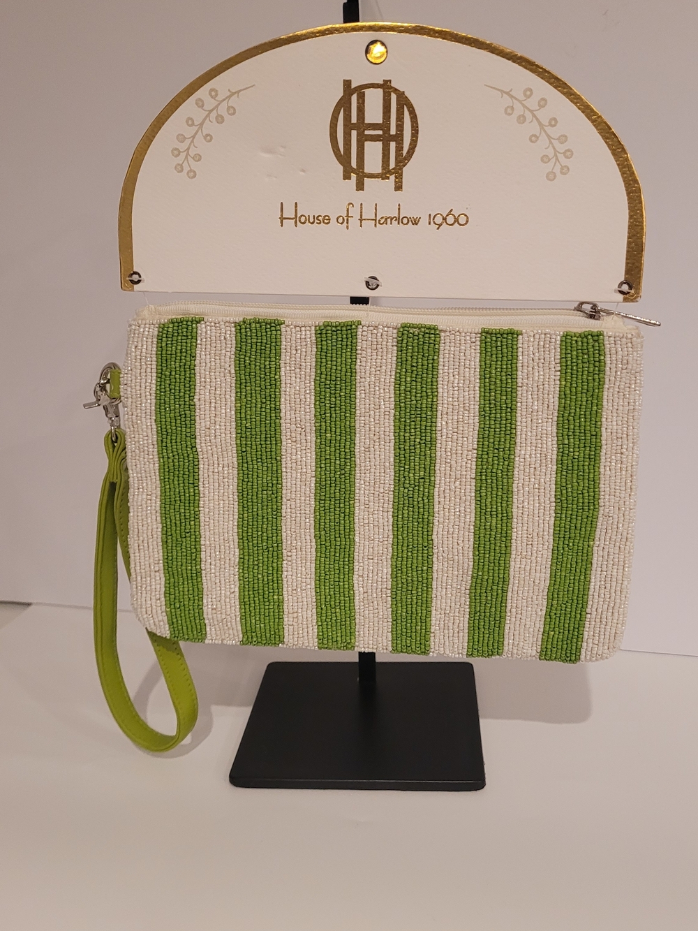 House of Harlow 1960 Green & White Striped Beaded Wristlet - Picture 3 of 4